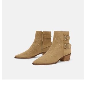 Zara Studded Tan Suede Boots With Buckles